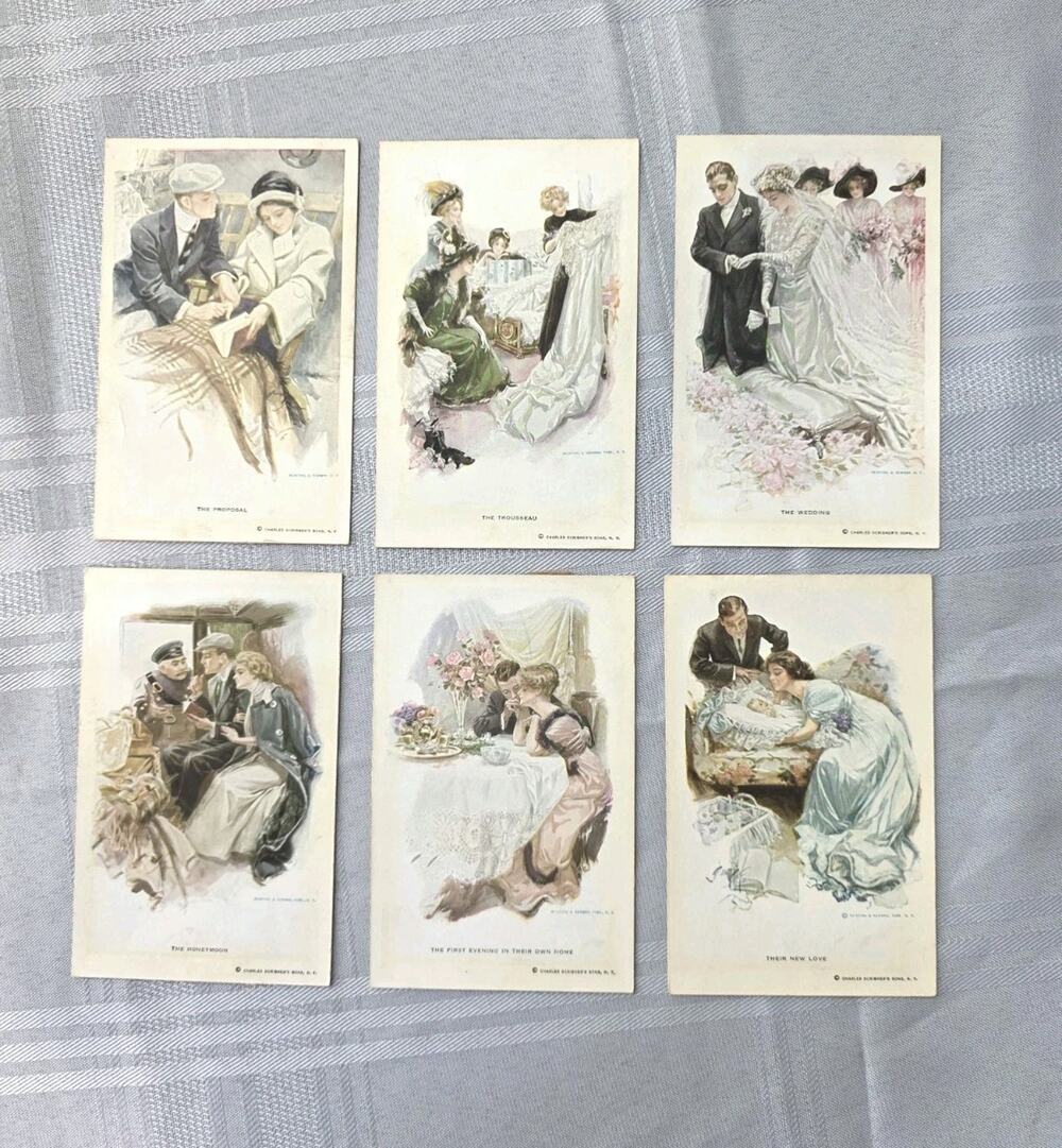 Antique 1912 Harrison Fisher 6 Postcard Set-The Greatest Moments Of A Girls Life